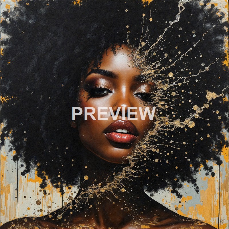 A close-up portrait of a woman with dark skin, voluminous curly hair, and glamorous makeup, with artistic splashes of gold and black surrounding her face.